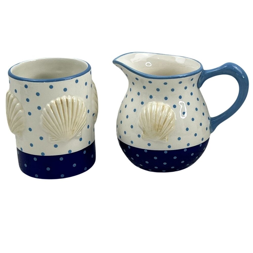 Gorham She Sells Seashells Sugar & Creamer Merry Go Round Blue Polka Dots Beach
